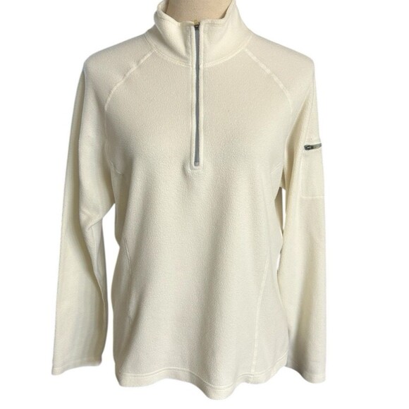 L.L. Bean Womens Fleece Jacket Ivory 1/4 Zip Pullover Mock Neck Long Sleeve L - Picture 1 of 7